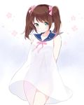  arms_behind_back bare_shoulders blush brown_hair crossdressing dress flower green_eyes hair_ribbon idolmaster idolmaster_side-m long_hair male_focus mizushima_saki no_panties otoko_no_ko ribbon sailor_dress see-through_silhouette smile solo twintails yu_(y-z) 