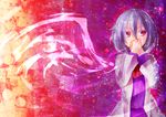  bad_id bad_pixiv_id bow bowtie checkered checkered_background covering_mouth hand_over_own_mouth highres jacket kishin_sagume long_sleeves purple_shirt red_eyes shirt shometsu-kei_no_teruru short_hair silver_hair single_wing solo sparkle starry_sky_print touhou white_hair wings 