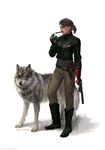  brown_hair cigar commentary diamond_dog dog eyepatch facial_hair genderswap genderswap_(mtf) gun highres holster jacket lighter mechanical_arm metal_gear_(series) metal_gear_solid_v miguel_mercado pants ponytail suppressor venom_snake weapon 