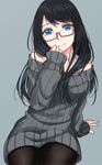  black_hair blue_eyes glasses highres long_hair mole mole_under_eye pantyhose saitou_(lynx-shrike) smile solo sweater 