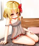  absurdres blonde_hair blush full_body hair_ribbon highres looking_at_viewer mitsubasa_miu navel nightgown off_shoulder open_mouth red_eyes ribbon rumia see-through short_hair sitting sleeveless solo strap_slip touhou 