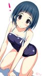  1girl all_fours artist_name bangs black_eyes black_hair blunt_bangs blush highres idolmaster idolmaster_cinderella_girls looking_at_viewer natsu_(anta_tte_hitoha) new_school_swimsuit nontraditional_school_swimsuit okazaki_yasuha one-piece_swimsuit open_mouth school_swimsuit short_hair sketch solo swimsuit 