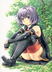  black_footwear black_gloves black_legwear blush boots cape elbow_gloves fingerless_gloves gloves hai_to_gensou_no_grimgar highres kawachi_koorogi looking_at_viewer marker_(medium) parted_lips purple_eyes purple_hair shihoru_(grimgar) short_hair sitting solo thigh_boots thighhighs traditional_media tree 