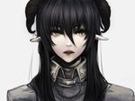  bangs black_hair demon_horns earrings hair_between_eyes horns jewelry long_hair looking_at_viewer original parted_lips sakurazensen simple_background solo teeth yellow_eyes 