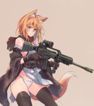  :/ animal_ear_fluff animal_ears assault_rifle bangs bare_shoulders beige beige_background black_legwear breasts closed_mouth constricted_pupils detached_sleeves empty_eyes expressionless firearm_request flash_hider foregrip fox_ears fox_girl fox_tail g36 gloves groin gun holding holding_gun holding_weapon looking_at_viewer medium_breasts medium_hair orange_eyes orange_hair original panties rifle sawaya_(mizukazu) scarf scope side-tie_panties sideboob simple_background solo tail thighhighs torn_scarf underwear very_long_sleeves weapon weapon_request wide_sleeves 