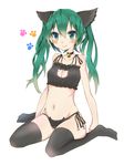 animal_ears bell bell_choker blush cat_ears cat_lingerie choker full_body green_eyes green_hair hatsune_miku highres hondashi_(ktsheart0119) jingle_bell long_hair meme_attire navel no_shoes panties side-tie_panties simple_background sitting smile solo thighhighs twintails underwear vocaloid wariza white_background 