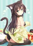  :3 animal_ears ass bikini black_hair braid breasts cat_ears cat_tail collar from_side green_eyes hair_ornament hairclip hood hoodie long_hair medium_breasts no_shoes off_shoulder original paw_hair_ornament paw_pose sideboob sitting solo striped striped_background swimsuit tail takehana_note thighhighs vertical-striped_background vertical_stripes wariza 