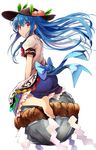  :o ass barefoot blue_hair commentary_request dress dress_shirt efe feet floating_rock food fruit hat hinanawi_tenshi keystone layered_dress long_hair peach puffy_short_sleeves puffy_sleeves red_eyes rope sash shimenawa shirt short_sleeves sitting skirt soles solo toes touhou very_long_hair wariza wind 