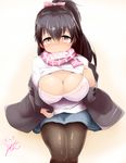  black_hair bow breasts dated hair_bow large_breasts long_hair looking_at_viewer mizuyan mouth_hold original pantyhose ponytail scarf solo thighs translated 