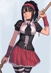  belt black_hair breasts brown_eyes lasterk looking_at_viewer marvel medium_breasts nico_minoru object_behind_back pantyhose ponytail runaways skirt smile solo staff striped striped_legwear wristband 