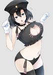  akitsu_maru_(kantai_collection) bell black_eyes black_hair black_hat breasts cat_cutout cat_ear_panties cat_lingerie cleavage_cutout gloves hat hiba_(p-p-purin) jingle_bell kantai_collection large_breasts looking_at_viewer meme_attire navel open_mouth panties paw_pose short_hair side-tie_panties solo thighhighs underwear white_gloves 