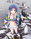  aqua_eyes bikini_skirt bikini_top bird blue_gloves breasts cleavage collarbone earmuffs fingerless_gloves flock front-tie_top gloves highres ice jacket long_hair looking_at_viewer love_live! love_live!_school_idol_project medium_breasts navel open_clothes open_jacket open_mouth penguin purple_hair rain snow solo toujou_nozomi tucana very_long_hair water 