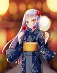  alternate_costume apple blurry blurry_background blush candy candy_apple cotton_candy floral_print flower food fruit hair_flower hair_ornament hair_ribbon holding holding_food japanese_clothes kantai_collection kimono long_hair looking_at_viewer murakumo_(kantai_collection) no_headwear orange_eyes ribbon silver_hair solo sotogawa_max sweets yukata 