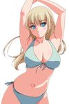  armpits arms_up bikini blonde_hair blue_eyes body_blush breasts cleavage cowboy_shot eyebrows_visible_through_hair front-tie_top highres large_breasts long_hair looking_at_viewer matsunaga_kouyou navel original side-tie_bikini skindentation smile solo standing swimsuit 