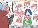  blue_hair blush bow cink-knic closed_eyes commentary_request conductor disembodied_head drill_hair hair_bow happy head_fins japanese_clothes kimono mermaid monster_girl multiple_girls music red_eyes red_hair sekibanki short_hair simple_background singing sitting sketch smile stick touhou wakasagihime yawning 