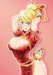  :q arched_back arms_up bad_id bad_pixiv_id bird blonde_hair blush bracelet breasts bursting_breasts china_dress chinese_clothes cleavage_cutout dress earrings hair_bun hair_ornament highres jaina_proudmoore jewelry large_breasts menhou owl pelvic_curtain pink_background side_slit smile solo tongue tongue_out warcraft world_of_warcraft 