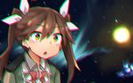  :o blurry bow bowtie brown_hair chromatic_aberration chromatic_aberration_abuse collared_shirt commentary glowing green_jacket hair_between_eyes hair_ribbon jacket kantai_collection meme open_mouth red_bow red_neckwear ribbon rimukoro shirt solo space tone_(kantai_collection) upper_body white_ribbon white_shirt yellow_eyes 