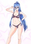  aoki_hagane_no_arpeggio bikini blue_eyes blue_hair highres kswazza long_hair ponytail solo standing swimsuit takao_(aoki_hagane_no_arpeggio) v v_over_eye 