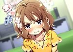 anger_vein angry blue_eyes blush brown_hair dress dutch_angle flower hair_flower hair_ornament idolmaster idolmaster_million_live! looking_at_viewer pout short_hair solo spoken_anger_vein suou_momoko synrnmd 