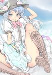  blue_eyes blue_hair blue_sky blush boots chikado cloud convenient_censoring cross-laced_footwear day dress flat_color food fruit hat hinanawi_tenshi lace-up_boots long_hair looking_at_viewer peach puffy_sleeves ribbon short_sleeves sitting sky smile solo spread_legs touhou 