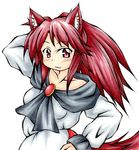  animal_ears brooch brown_hair collarbone dress hand_in_hair hand_on_hip highres imaizumi_kagerou inte_(whitewolftail) jewelry long_sleeves looking_at_viewer red_eyes simple_background solo tail touhou traditional_media white_background wide_sleeves wolf_ears wolf_tail 