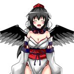  :d alternate_costume bad_id bad_pixiv_id bare_shoulders black_hair black_wings blush breasts cleavage closed_eyes commentary_request detached_sleeves hat highres hitotsuki_nebura japanese_clothes kourindou_tengu_costume large_breasts long_hair long_sleeves looking_at_viewer obi open_mouth pom_pom_(clothes) sash shameimaru_aya smile solo tokin_hat touhou white_background wings 