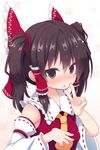  alternate_hairstyle ascot beni_shake black_hair blush bow brown_hair detached_sleeves hair_bow hair_ribbon hair_tubes hakurei_reimu long_hair looking_at_viewer nontraditional_miko parted_lips revision ribbon solo touhou twintails twintails_day v 