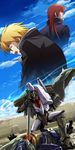  ashi_ura blonde_hair break_blade character_request cloud day delphine_(break_blade) girge highres holding holding_sword holding_weapon long_hair male_focus mecha multiple_boys red_hair rygart_arrow sky sword weapon 