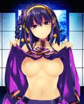  bare_shoulders beatmania beatmania_iidx bell breasts fingernails hair_bell hair_between_eyes hair_ornament hairband head_tilt highres inverted_nipples kinoshita_ichi large_breasts long_fingernails navel nipples no_bra non-web_source purple_eyes purple_hair shirt_lift skirt smile solo umegiri_hifumi 