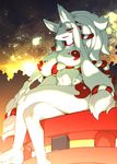  1girl animal_ears barefoot breasts fur furry hand_on_own_knee huge_breasts kishibe large_breasts long_hair navel night night_sky original red_eyes sidelocks sitting sky solo 