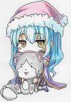  blue_hair blush_stickers cat chibi eiyuu_densetsu hat long_hair masaki_shino santa_hat tio_plato yellow_eyes zero_no_kiseki 