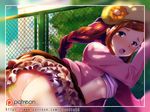  :o ass bent_over beret bloodink border braid breasts brown_eyes brown_hair building chain-link_fence covered_nipples dappled_sunlight day fence flower frilled_skirt frills hair_ornament hairclip hat hat_flower long_hair long_sleeves looking_at_viewer looking_back medium_breasts miniskirt osomatsu-san panties patreon_logo patreon_username pink_panties shade shirt_lift skirt sky solo sunlight tears todoko_(osomatsu-san) tree tree_shade underwear watermark web_address 