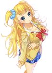  asymmetrical_hair blonde_hair blue_eyes blush breasts cardigan cleavage earrings from_above galko gyaru hair_ornament hair_scrunchie jewelry kogal large_breasts long_hair looking_at_viewer looking_up matokechi one_side_up oshiete!_galko-chan school_uniform scrunchie side_bun skirt solo 