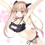  :o animal_ears armpits arms_up ass ass_cutout bare_back bell black_bra black_ribbon blonde_hair blush bra breasts butt_crack cat_cutout cat_ears cat_lingerie choker cleavage cleavage_cutout collarbone dutch_angle frill_trim frilled_bra frills highres jingle_bell large_breasts long_hair meme_attire open_mouth orange_eyes original outstretched_arms panties paw_hair_ornament paws pom_pom_(clothes) ribbon side-tie_panties simple_background solo standing tareme twintails underwear very_long_hair white_background yoshiwo 