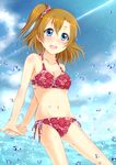  bikini blue_eyes brown_hair hiro9779 kousaka_honoka love_live! love_live!_school_idol_project one_side_up short_hair solo splashing swimsuit water 