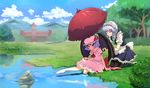  apron ascot barefoot bat_wings black_legwear blue_sky blush bow braid cirno closed_eyes cloud day dress hair_bow hat hat_ribbon highres hong_meiling izayoi_sakuya kneeling lake maid_headdress mob_cap multiple_girls nature outdoors parasol puffy_sleeves purple_hair red_eyes remilia_scarlet ribbon scarlet_devil_mansion shiya short_hair short_sleeves silver_hair sitting sky smile sweatdrop toe-point touhou tree twin_braids umbrella waist_apron water wings 