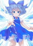  bloomers blue_dress blue_eyes blue_hair bow cirno curly_hair dress hair_bow ice ice_wings iris_anemone looking_at_viewer outstretched_hand puffy_short_sleeves puffy_sleeves shirt short_sleeves solo tears touhou underwear wavy_hair wind wind_lift wings 
