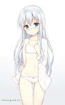  absurdres blue_eyes blush bra dress_shirt flat_chest hibiki_(kantai_collection) highres huwali_(dnwls3010) kantai_collection long_hair looking_at_viewer navel open_clothes open_shirt panties shirt silver_hair solo training_bra underwear undressing white_bra white_panties 