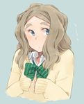  blue_eyes blush bow brown_hair chibikko_(morihito) eyebrows long_hair morihito original school_uniform sleeves_past_wrists solo sweater thick_eyebrows upper_body 