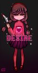  =_= blood bloody_weapon braid brown_hair checkered eyebrows eyebrows_visible_through_hair full_body heart highres holding holding_weapon knife long_sleeves madotsuki mary_janes pantyhose parody pink_shirt shirt shoes simple_background skirt solo turtleneck twin_braids undertale weapon yume_nikki zimmycup 