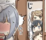  :d :o ^_^ arashio_(kantai_collection) asashio_(kantai_collection) bad_id bad_twitter_id black_hair blank_eyes blush brown_hair closed_eyes commentary_request curious door doorway double_bun engiyoshi full-face_blush gloves grey_hair hand_on_another's_head happy jealous jitome kantai_collection kasumi_(kantai_collection) long_sleeves michishio_(kantai_collection) multiple_girls open_door open_mouth peeking_out petting remodel_(kantai_collection) short_twintails silver_hair smile surprised suspenders sweat translation_request twintails wavy_mouth white_gloves 