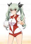  anchovy ball blush breasts buruma diesel-turbo drill_hair girls_und_panzer green_hair grin hair_ribbon large_breasts long_hair looking_at_viewer pointing pointing_at_viewer red_eyes ribbon smile solo sportswear twin_drills twintails volleyball volleyball_net volleyball_uniform 