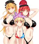  :o american_flag_bikini bangs bikini black_bikini blonde_hair blush breasts cleavage clothes_writing clownpiece collarbone duplicate flag_print hat hecatia_lapislazuli jester_cap junko_(touhou) large_breasts leaning_forward long_hair multiple_girls navel polka_dot polos_crown red_eyes red_hair rinaka_moruchi simple_background smile swimsuit touhou white_background 