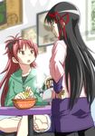  akemi_homura black_hair casual commentary_request cup_ramen fang food highres jacket kettle knives_(knives777) long_hair mahou_shoujo_madoka_magica multiple_girls noodles pantyhose red_hair sakura_kyouko steam 