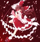  bow brown_hair detached_sleeves full_body gohei gradient gradient_background hair_ornament hair_ribbon hair_tubes hakurei_reimu highres long_hair long_sleeves narira ofuda open_mouth outstretched_arms red_background red_eyes ribbon sash shirt shoes skirt skirt_set socks solo touhou white_legwear wide_sleeves 