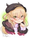  blonde_hair blush dancho_(dancyo) earrings fang fang_out fur_trim glasses green_eyes hat highres horns idolmaster idolmaster_cinderella_girls jewelry jougasaki_rika lips long_hair looking_at_viewer sketch smile solo upper_body 