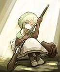  ankle_boots antique_firearm bad_id bad_pixiv_id bag blonde_hair boots brown_gloves chemist_(fft) dress expressionless final_fantasy final_fantasy_tactics firearm firelock flintlock full_body gloves green_dress gun holding holding_gun holding_weapon jitome long_sleeves looking_to_the_side musket pantyhose rifle shitoshine short_hair sitting solo weapon 