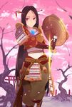  amaterasu_(smite) armor baggy_pants black_hair cherry cherry_blossoms food fruit hair_ornament highres hsin katana lens_flare long_hair looking_at_viewer pants red_eyes sheath shield smile smite solo sword unsheathing very_long_hair weapon 