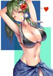  bikini black_bikini blush breasts collarbone frog frog_hair_ornament green_eyes green_hair hair_ornament hair_tubes heart highres huge_breasts kochiya_sanae long_hair mouth_hold navel one_eye_closed rubber_band sarong snake snake_hair_ornament solo stomach suika_(atelier-yuu) swimsuit touhou 