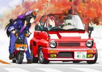  akemi_homura autumn_leaves black_hair car commentary_request convertible fingerless_gloves food gloves ground_vehicle helmet highres honda honda_city honda_city_cabriolet honda_motocompo jacket knives_(knives777) license_plate long_hair mahou_shoujo_madoka_magica motor_vehicle motorcycle multiple_girls pocky red_hair right-hand_drive road sakura_kyouko scooter 